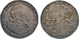 DEUTSCHE MÜNZEN VOR 1871
BRAUNSCHWEIG-LÜNEBURG
LINIE WOLFENBÜTTEL
Breiter Taler 1665. Mzz. HS, Goslar. Brustbild mit Lorbeer in antikem Umhang n. r...