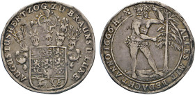 DEUTSCHE MÜNZEN VOR 1871
BRAUNSCHWEIG-LÜNEBURG
LINIE WOLFENBÜTTEL
Breiter Taler 1666 HS gekreuzte Schlüssel, Goslar. 5-fach behelmtes 11-feldiges W...