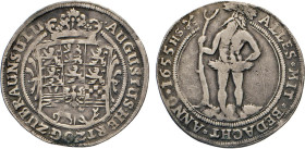 DEUTSCHE MÜNZEN VOR 1871
BRAUNSCHWEIG-LÜNEBURG
LINIE WOLFENBÜTTEL
Breiter ¼ Taler 1655 HS, gekreuzte Schlüssel, Goslar. Gekröntes 11-feldiges Wappe...