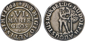 DEUTSCHE MÜNZEN VOR 1871
BRAUNSCHWEIG-LÜNEBURG
LINIE WOLFENBÜTTEL
6 Mgr. 1668 o. Mzz. Wilder Mann mit Tanne (ohne zusätzl. Wz. 6). Rs. Wert. Welter...