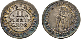DEUTSCHE MÜNZEN VOR 1871
BRAUNSCHWEIG-LÜNEBURG
LINIE WOLFENBÜTTEL
2 Mariengroschen 1678 o. Mzz, Zellerfeld. Wilder Mann Tanne mit beiden Händen fas...