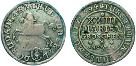 DEUTSCHE MÜNZEN VOR 1871
BRAUNSCHWEIG-LÜNEBURG
LINIE WOLFENBÜTTEL
2/3 Taler =XXIIII Mariengroschen 1694 HCH mit gekreuzten Zainhaken, Braunschweig....