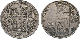 DEUTSCHE MÜNZEN VOR 1871
BRAUNSCHWEIG-LÜNEBURG
LINIE WOLFENBÜTTEL
Breiter Taler 1704 R.B. Goslar oder Zellerfeld. 5fach behelmtes 11feldiges Wappen...