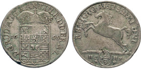 DEUTSCHE MÜNZEN VOR 1871
BRAUNSCHWEIG-LÜNEBURG
LINIE WOLFENBÜTTEL
2/3 Taler 1699 HCH, Braunschweig. Wappen unter Herzogskrone, zu den Seiten 16-99....
