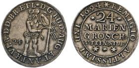 DEUTSCHE MÜNZEN VOR 1871
BRAUNSCHWEIG-LÜNEBURG
LINIE WOLFENBÜTTEL
24 Mariengroschen Feinsilber 1694, Mzz. Drei Sterne, Zellerfeld. Wilder Mann mt T...