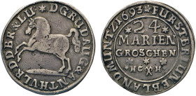 DEUTSCHE MÜNZEN VOR 1871
BRAUNSCHWEIG-LÜNEBURG
LINIE WOLFENBÜTTEL
24 Mariengroschen Landmünze 1693 HC, Zainhaken, H, Braunschweig. Springendes Ross...