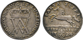 DEUTSCHE MÜNZEN VOR 1871
BRAUNSCHWEIG-LÜNEBURG
LINIE WOLFENBÜTTEL
1/6 Taler Feinsilber 1724 E.P.H., Zellerfeld. Gekröntes Monogramm. Rs. Spring. Ro...