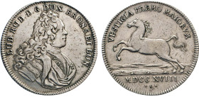 DEUTSCHE MÜNZEN VOR 1871
BRAUNSCHWEIG-LÜNEBURG
LINIE WOLFENBÜTTEL
Ludwig Rudolf 1707–1735, Herzog seit 1731. Breiter Taler 1718 H·C·H·, Braunschwei...