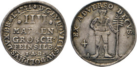 DEUTSCHE MÜNZEN VOR 1871
BRAUNSCHWEIG-LÜNEBURG
LINIE WOLFENBÜTTEL
4 Mariengroschen Feinsilber 1731 I·A·B·, Zellerfeld. Wertangabe in 5 Zeilen. Wild...
