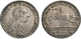 DEUTSCHE MÜNZEN VOR 1871
BRAUNSCHWEIG-LÜNEBURG
LINIE WOLFENBÜTTEL
Carl I., 1735–1780. Konventionstaler 1765 I·D·B·, Braunschweig. Geharn. Brustbild...