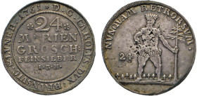 DEUTSCHE MÜNZEN VOR 1871
BRAUNSCHWEIG-LÜNEBURG
LINIE WOLFENBÜTTEL
24 Mariengroschen Feinsilber 1761 I·B·H, Zellerfeld. Wertangabe. Rs. Wilder Mann ...