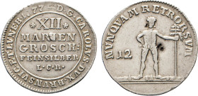 DEUTSCHE MÜNZEN VOR 1871
BRAUNSCHWEIG-LÜNEBURG
LINIE WOLFENBÜTTEL
12 Mgr. Feinsilber 1777 LCR. Wilder Mann mit Wz. 12. Welter 2742. 6,55 g. 2 winz....
