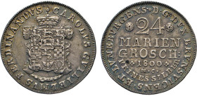 DEUTSCHE MÜNZEN VOR 1871
BRAUNSCHWEIG-LÜNEBURG
LINIE WOLFENBÜTTEL
24 Mariengroschen Feinsilber 1800, Braunschweig. Gekröntes 11-feldiges Wappen. Rs...