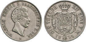 DEUTSCHE MÜNZEN VOR 1871
BRAUNSCHWEIG-LÜNEBURG
LINIE WOLFENBÜTTEL
Taler 1854 B, Braunschweig. Thun 121. Dav. 634. AKS 80. Jg. 250. 
ss