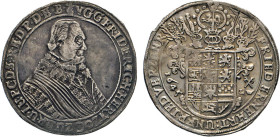 DEUTSCHE MÜNZEN VOR 1871
BRAUNSCHWEIG-LÜNEBURG
LINIE LÜNEBURG CELLE
Friedrich, 1636–1648. Taler 1645 Mzz. gekreuzte Zainhaken zwischen L.-W., Lippo...