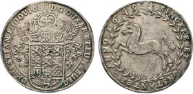 DEUTSCHE MÜNZEN VOR 1871
BRAUNSCHWEIG-LÜNEBURG
LINIE LÜNEBURG CELLE
Reichstaler 1649 LW, gekreuzte Zainhaken, Clausthal. 5-fach behelmtes, 12-feldi...