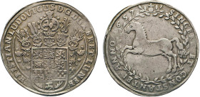 DEUTSCHE MÜNZEN VOR 1871
BRAUNSCHWEIG-LÜNEBURG
LINIE LÜNEBURG CELLE
Reichstaler 1657 LW, gekreuzte Zainhaken, Clausthal. 5-fach behelmtes, 12-feldi...