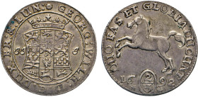 DEUTSCHE MÜNZEN VOR 1871
BRAUNSCHWEIG-LÜNEBURG
LINIE LÜNEBURG CELLE
Georg Wilhelm, 1665–1705. 2/3 Taler 1692 J.J.-J, Celle. Gekröntes 12-feldiges W...