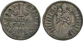 DEUTSCHE MÜNZEN VOR 1871
BRAUNSCHWEIG-LÜNEBURG
LINIE LÜNEBURG CELLE
1 Mariengroschen 1703, Celle. Mzz. .I.I.I. Rs. Madonna mit Kind. Welter zu 1631...