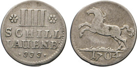 DEUTSCHE MÜNZEN VOR 1871
BRAUNSCHWEIG-LÜNEBURG
LINIE LÜNEBURG CELLE
LAUENBURG. IIII Schilling 1704 JJJ, Celle. Wert. Rs. Spring. Ross, unten Jahres...