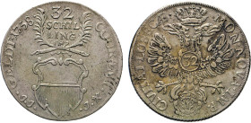 DEUTSCHE MÜNZEN VOR 1871
LÜBECK
32 Schilling 1758 JJJ. Stadtschild, darüber Wert. Rs. Gekrönter Doppeladler mit Wappen des Bürgermeisters Gotthard A...