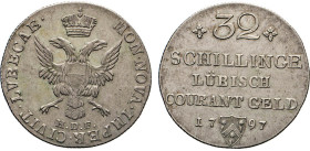 DEUTSCHE MÜNZEN VOR 1871
LÜBECK
32 Schilling 1797 H.D.F. Gekrönter Doppeladler mit Stadtschild. Rs. Wert und Wappen des Bürgermeisters H.G. Bünekau....