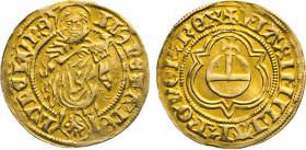 DEUTSCHE MÜNZEN VOR 1871
LÜNEBURG
Goldgulden o.J. (1493–1528). Titel König Maximilian I. Johannes der Täufer, zw. den Beinen Löwenschild. Rs. Reichs...