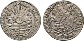 DEUTSCHE MÜNZEN VOR 1871
MANSFELD
SCHRAPLAU. Christian Friedrich, 1641–1665. ½ Reichstaler 1651 HK, Eisleben. St. Georgs­reiter mit Drachen. Rs. Beh...