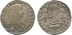 DEUTSCHE MÜNZEN VOR 1871
MECKLENBURG
SCHWERIN. Christian Ludwig I., 1658–1692. 2/3 Taler (Gulden) 1675 WE, Dömitz. Brustbild n.r. Rs. Gekröntes Wapp...