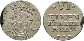 DEUTSCHE MÜNZEN VOR 1871
MECKLENBURG
STRELITZ. Adolph Friedrich IV., 1752–1794. 1/6 Taler 1756 HCB, Neustrelitz. Gekröntes Mono­gramm. Rs. Wertangab...