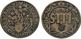 DEUTSCHE MÜNZEN VOR 1871
MÜNSTER
Domkapitel. Cu.-3 Schilling 1608. St. Paulus zu Pferd n. links. Rs. Wertangebe in Zierkreis. Mit Gegenstempel EVB ü...