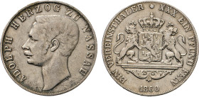 DEUTSCHE MÜNZEN VOR 1871
NASSAU
Adolph, 1839–1866. Vereinstaler 1860. Thun 234. Dav. 747. AKS 63. 
ss