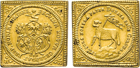 DEUTSCHE MÜNZEN VOR 1871
NÜRNBERG
Dukatenklippe 1700. Drei Nürnberger Wappenschilde, unten Mzz. GFN. Rs. Lamm mit Friedensfahne. Widhalm 12a. Kellne...