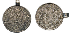 DEUTSCHE MÜNZEN VOR 1871
SACHSEN
Johann Georg I., allein, 1615–1656. Breiter Reichstaler 1635 CM, Dresden. Hüftbild mit Kurschwert. Rs. 6-fach behel...
