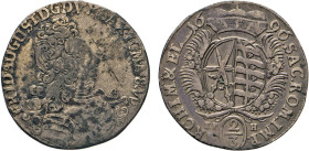 DEUTSCHE MÜNZEN VOR 1871
SACHSEN
Friedrich August („der Starke“), 1694–1733. 2/3 Taler 1696 EPH mit Hecht, Leipzig. Merseb. 1381. Kahnt 112. 14,64 g...