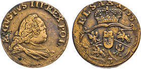 DEUTSCHE MÜNZEN VOR 1871
SACHSEN
Friedrich August II., 1733–1763, König von Polen. Kupfergroschen zu 3 Schillinge 1755 aus der Mzst. Guben oder Grün...