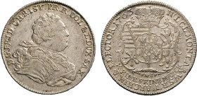 DEUTSCHE MÜNZEN VOR 1871
SACHSEN
Friedrich Christian, 5.10. bis 17.12.1763. Konventionstaler 1763 F.WôF u. Sign.St., Dresden. Geharn. Brustbild n. r...