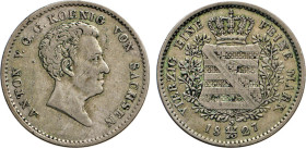 DEUTSCHE MÜNZEN VOR 1871
SACHSEN
Anton, 1827–1836. 1/3 Taler 1827S., Dresden. Aks 71, Jg. 52. 8,18 g. Geprägt in nur 8700 Exemplaren. R 
ss