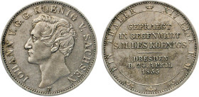 DEUTSCHE MÜNZEN VOR 1871
SACHSEN
Johann, 1854–1873. Gedenktaler 1855. Auf den Besuch des Königs in der Dresdener Münze. Dav. 855. Thun 334. AKS 156....