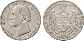 DEUTSCHE MÜNZEN VOR 1871
SACHSEN
COBORG und GOTHA. Ernst II., 1844–1893. Vereinstaler 1864 B. Thun 369. Dav. 826. AKS 103. J. 296. 
ss