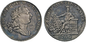 DEUTSCHE MÜNZEN VOR 1871
SACHSEN
HILDBURGHAUSEN. Ernst Friedrich III. Karl, 1745–1780. Konventionstaler 1760. Büste n.r. Rs.Sitzender Ritter neben W...