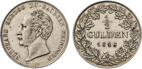 DEUTSCHE MÜNZEN VOR 1871
SACHSEN
½ Gulden 1846 (v. Helfricht). AKS 191. J. 437. 
vz