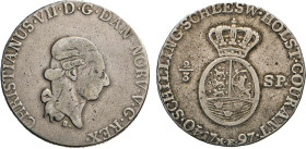 DEUTSCHE MÜNZEN VOR 1871
SCHLESWIG-HOLSTEIN
KÖNIGLICHE LINIE. Christian VII., 1766–1808. 2/3 Speciestaler zu 40 Schilling 1797 B/MF, Altona. Hede 40...