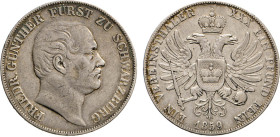 DEUTSCHE MÜNZEN VOR 1871
SCHWARZBURG-RUDOLSTADT, Fürstentum
Friedrich Günther, 1807–1867. Vereinstaler 1859 o. Mzz., München. Thun 394. Dav. 915. AK...