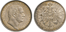 DEUTSCHE MÜNZEN VOR 1871
SCHWARZBURG-RUDOLSTADT, Fürstentum
Vereinstaler 1866 o. Mzz., München. Thun 397. Dav. 918. AKS 13. Jg. 56. 
vz