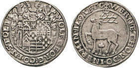 DEUTSCHE MÜNZEN VOR 1871
STOLBERG
Wolfgang Georg, 1615–1631. Reichstaler 1624 CZ, Stolberg. 3-fach behelmtes Wappen. Rs. Hirsch n.l. Friedrich 910 P...
