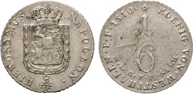 DEUTSCHE MÜNZEN VOR 1871
WESTFALEN
Hieronymus Napoleon, 1807–1813. 1/6 Taler Reichsfuß Feinsilber 1810 o.Mzz., Clausthal. Gekrönter Wappenschild, um...