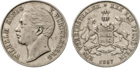 DEUTSCHE MÜNZEN VOR 1871
WÜRTTEMBERG
Vereinstaler 1857. Thun 439. Dav. 959. AKS 77. J. 83. Winz. Rdd. 
ss