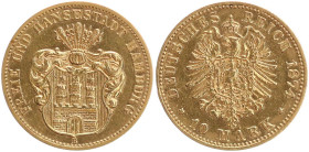 DEUTSCHE MÜNZEN NACH 1871
GOLDMÜNZEN des DEUTSCHEN KAISERREICHS
HAMBURG, Freie und Hansestadt
10 Mark 1874 B. J. 207. Leichte Fassungsspuren 
ss-v...
