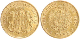 DEUTSCHE MÜNZEN NACH 1871
GOLDMÜNZEN des DEUTSCHEN KAISERREICHS
HAMBURG, Freie und Hansestadt
5 Mark 1877 J. J. 208 
ss-vz